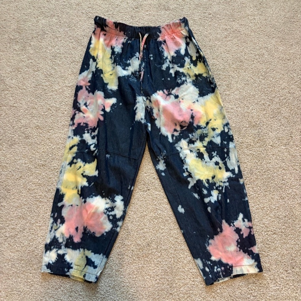 Free People Movement Tie Dye Denim Pants‎ Womens M Blue Pink Chambray Festival
